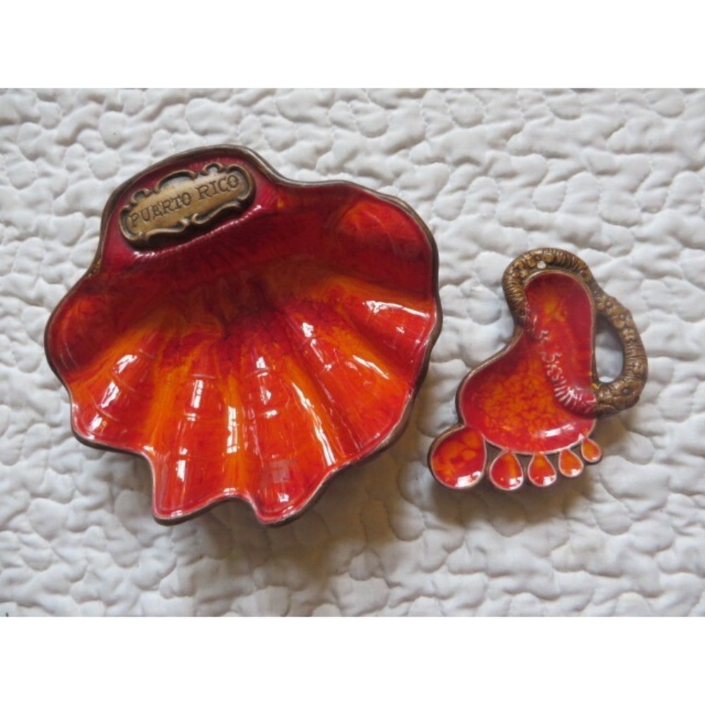 Vintage Treasure Craft Puerto Rico Shell & Foot Ceramic Painted Trinket Trays